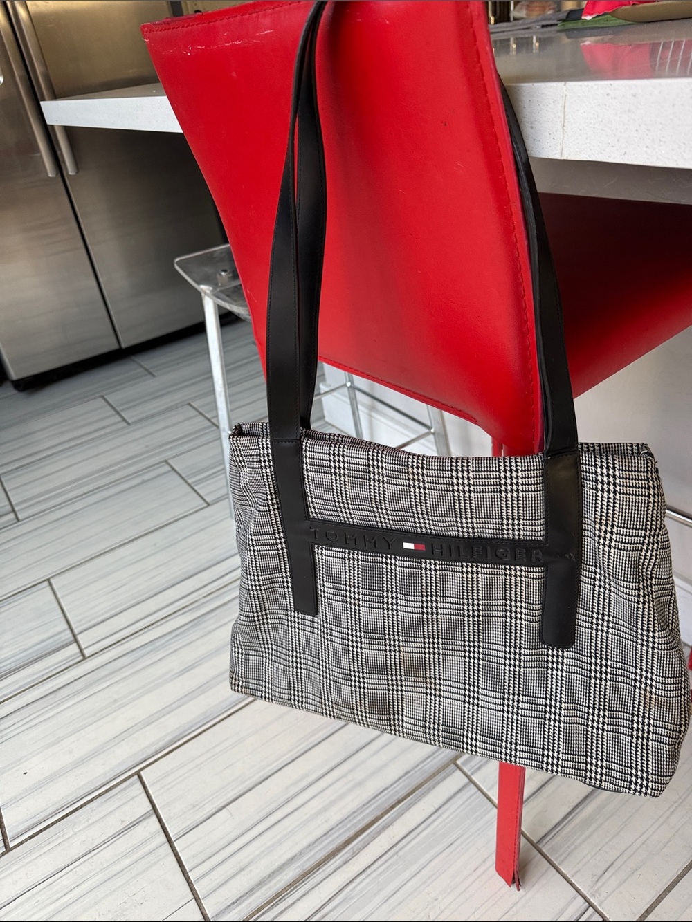 Tommy Hilfiger Black & White Plaid Messenger Tote with Black Straps